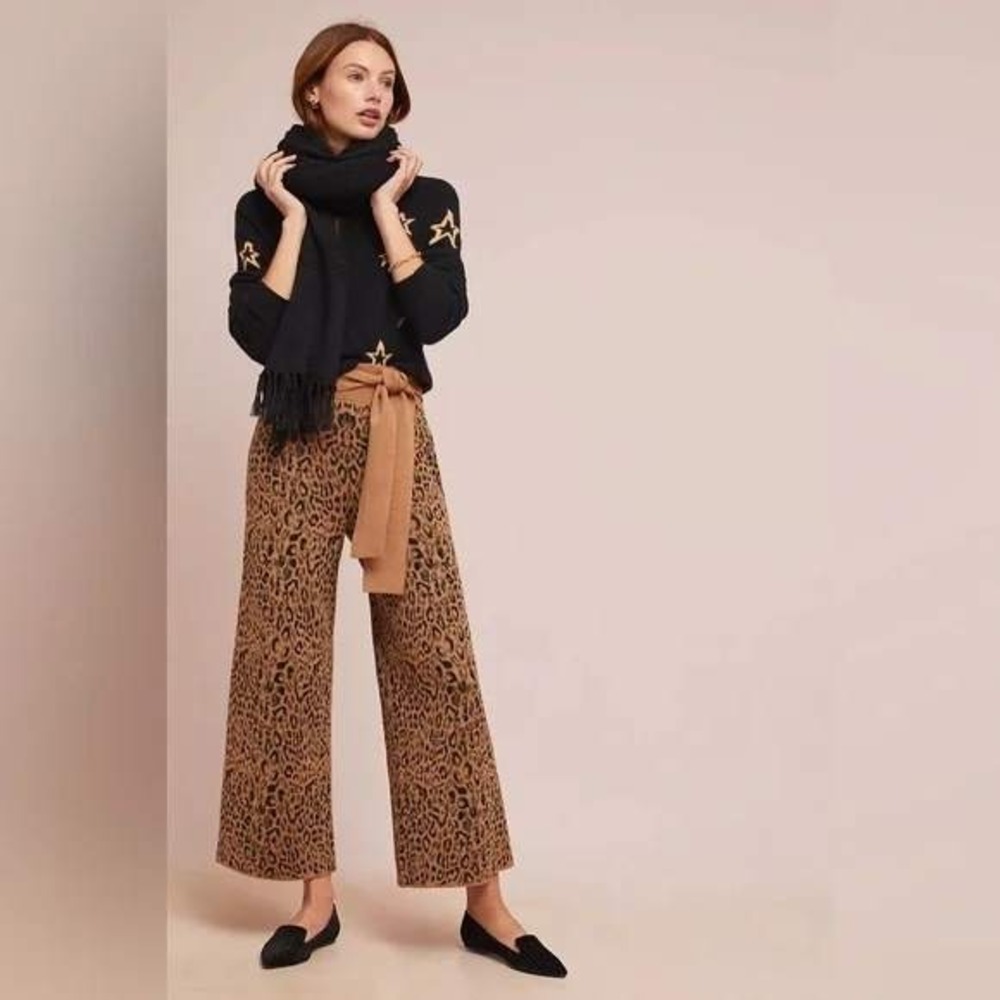 Anthropologie Moth Tie Sash Waist Wide Leg Knit Leopard Pants Small